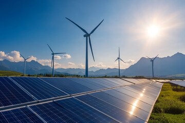 Renewable energy landscape with solar panels and wind turbines under a blue sky in the mountains during sunset