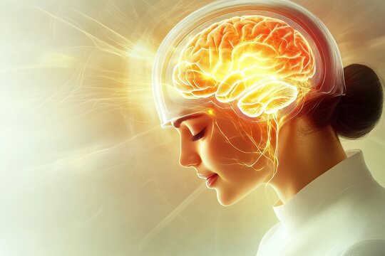 Neurophysiology neurotherapeutics cognition biocognition and plasticity woman with neural brain glowing inside a golden ring of knowledge and power
