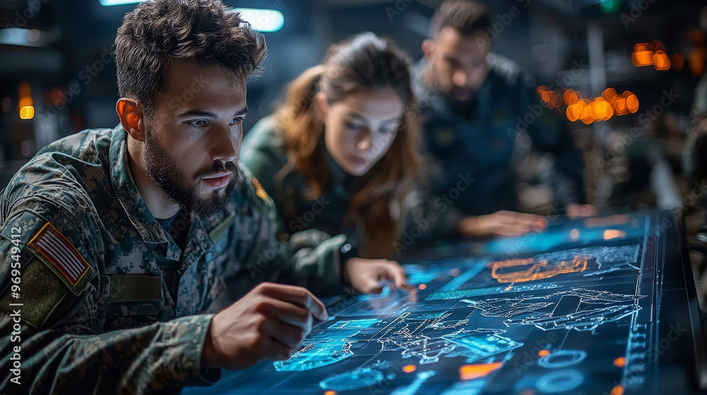 Canvas Prints Military personnel analyze data on a digital display.