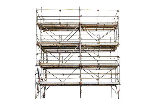 Image of a sturdy metal scaffolding structure used in construction, isolated on a transparent background. showing multiple levels and cross supports.