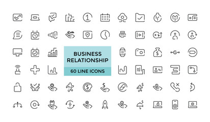 Business relationship icon set, Vector set of linear icons, team work and human resource management. Editable Stroke icon Set. Pixel Perfect.