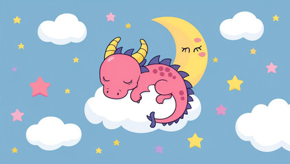 Little cartoon dragon sleeping on a cloud, flat design illustration