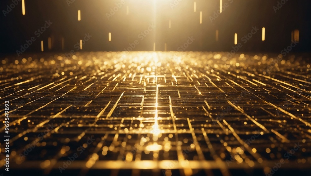 Poster abstract geometric design with blurred golden rays and sparkling light.