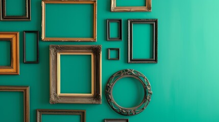 Gallery Wall with Empty Frames on Teal Wall
