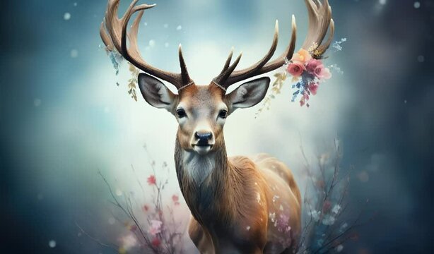 Majestic Stag with Floral Antlers in Enchanted Forest