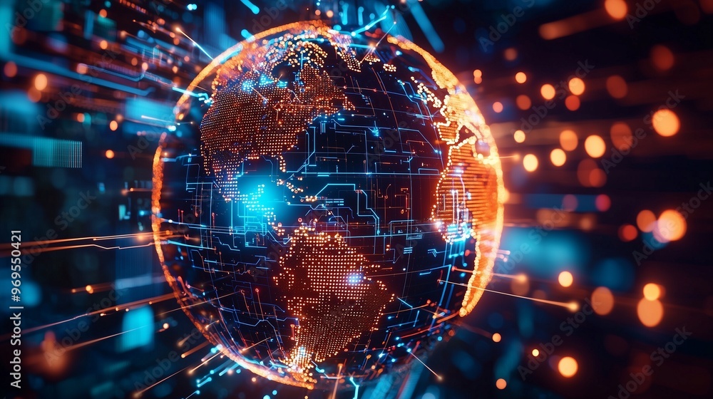Poster digital globe with glowing data connections, representing global communication and technology.