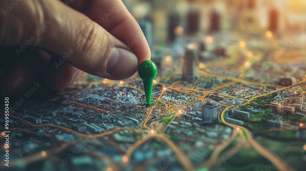 Poster hand placing a pin on a city map, representing gis data mapping and location analysis.