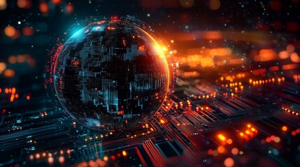 Fototapeta premium A glowing digital globe on a circuit board symbolizes global digital connectivity and advanced technology.