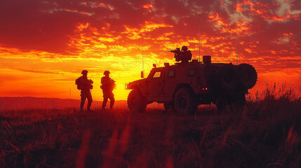 Fototapeta premium Soldiers stand silhouetted against a fiery sunset.