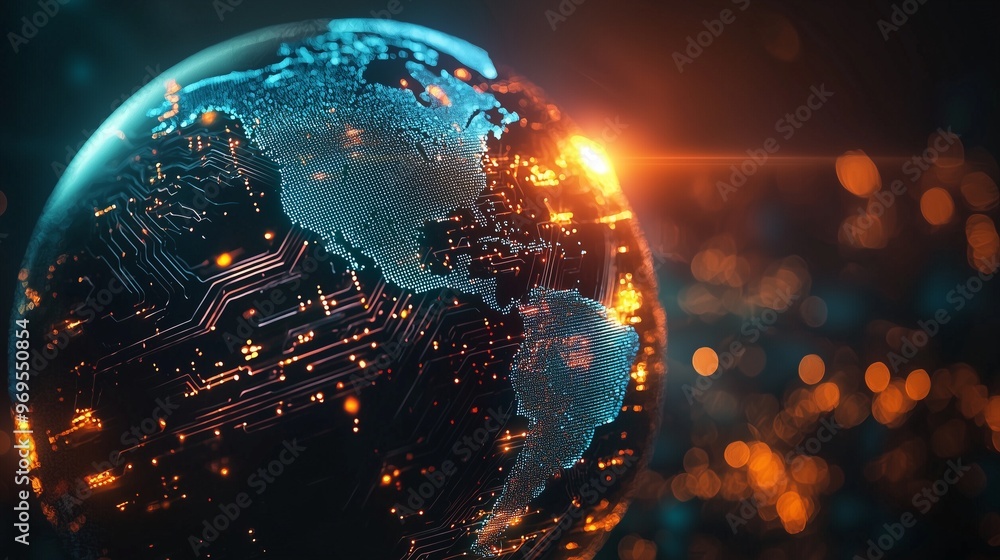 Aufkleber a digital representation of earth with illuminated cities and data points, symbolizing global connec