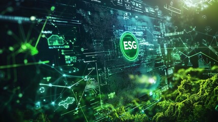 Digital representation of esg with data analytics and nature elements, symbolizing ethical and responsible reporting.