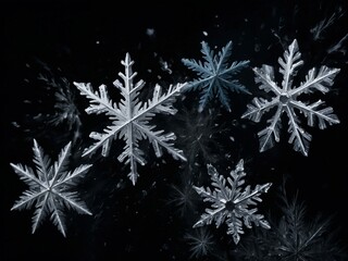 Abstract snowflakes falling on a black backdrop, creating contrast.