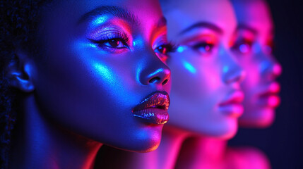 Obraz premium diverse set of models different ethnicities and genders bold neon makeup, glowing ultraviolet light