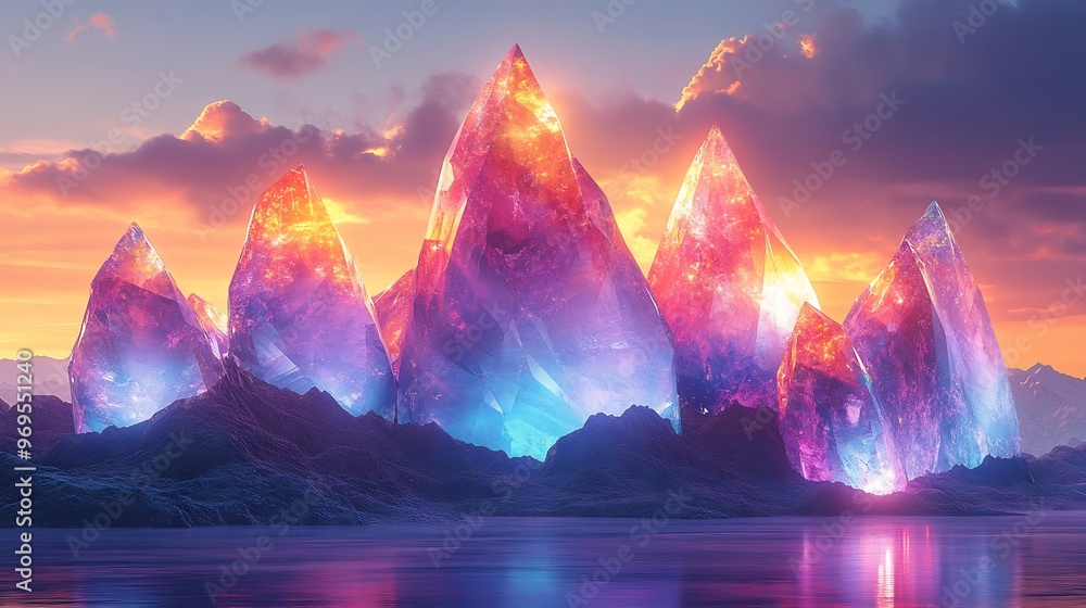 Canvas Prints vector design of a surreal mountain range where the peaks are shaped like giant colorful gemstones r