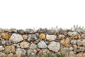 Old stone wall with moss and plants growing on top, isolated on a transparent background. Perfect for historical or architectural designs.