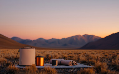 Obraz premium A serene camping setup in the wilderness at sunset, featuring cozy blankets and rustic utensils against majestic mountains.