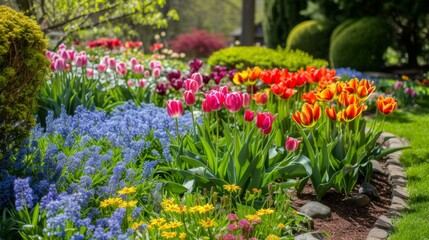 Obraz premium Vibrant Flower Garden Landscape with Colorful Tulips