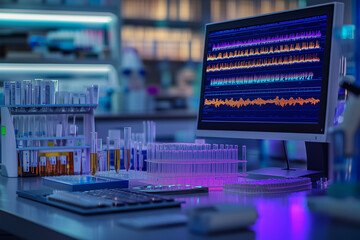 computer and test tubes on the table in the lab