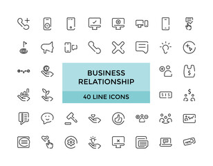 Business relationship icon set, Vector set of linear icons, team work and human resource management. Editable Stroke icon Set. Pixel Perfect.