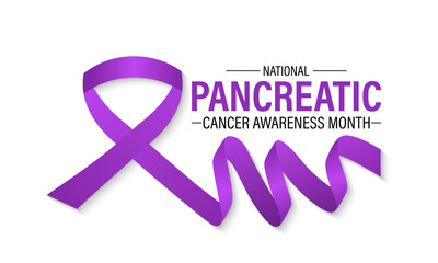 Vector illustration of Pancreatic Cancer awareness month is observed every year in November. Calligraphy and Realistic purple ribbon. Vector illustration transparent background.