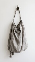 Minimalist Grey Cloth Bag Hanging on Hook against White Background