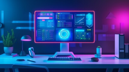 Futuristic Computer Desktop with Glowing Screen and Neon Lights