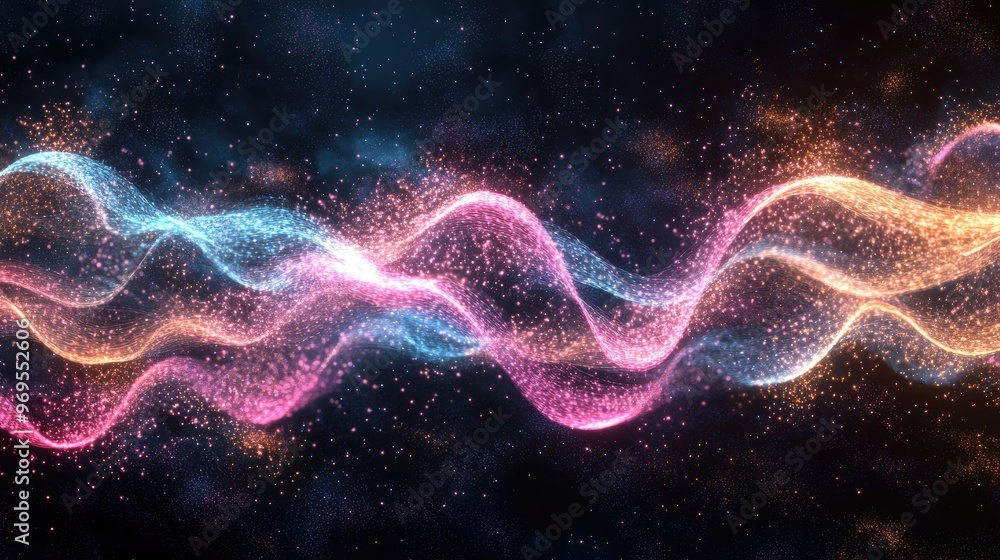 Poster colorful abstract waves with sparkling particles on a dark background.