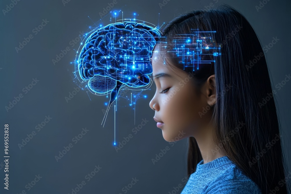 Poster electrophysiology neuroadaptive neurodynamics and cortical girl with a blue neural brain overlay sym