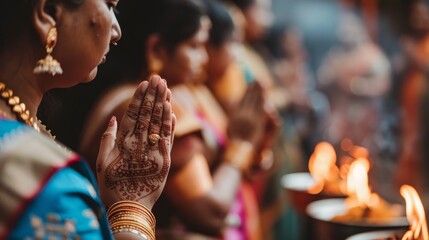 Devout indian couple engaged in prayer before the divine presence of lord ganesha