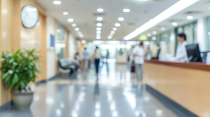 Blurred View of a Hospital Interior: Reception Desk and Waiting Area