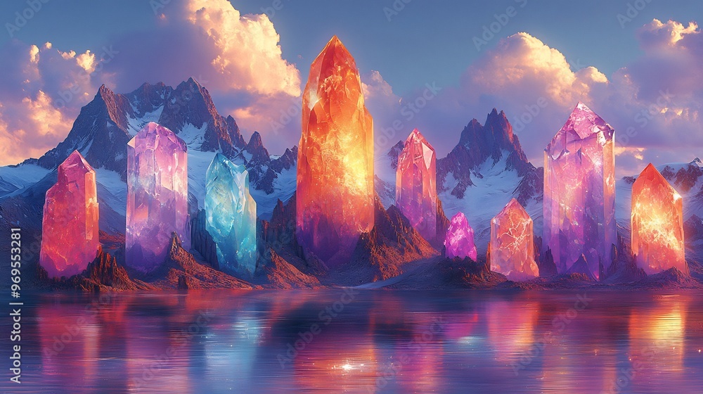 Canvas Prints vector design of a surreal mountain range where the peaks are shaped like giant colorful gemstones r