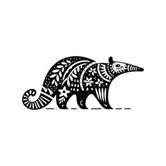 Anteater in folk art black and white silhouette illustration -