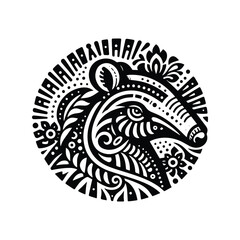 Anteater in folk art black and white silhouette illustration -