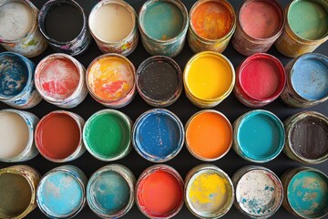 Variety of paint cans with vibrant colors. This image is perfect for projects related to DIY, home improvement, or creative arts.