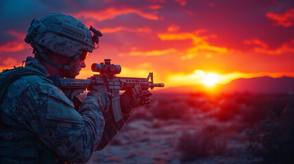Silhouetted soldier with rifle against a fiery sunset.