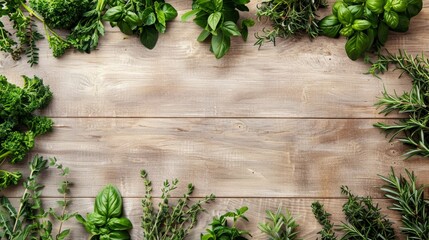 Fresh herbs like rosemary, mint, basil, and parsley form a border on a wooden surface. The central area is left blank for text or other elements.