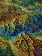 Artistic topographic map featuring mountains and valleys.