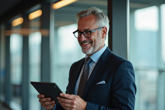 Happy middle aged business man ceo wearing suit standing in office using digital tablet. Smiling mature businessman professional executive manager looking away thinking working on tech device.