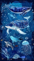 Vivid underwater scene with diverse marine life: blue whale, turtle, dolphins, red fish, and jellyfish. Colorful, dynamic, watercolor-style illustration capturing the richness of marine species.