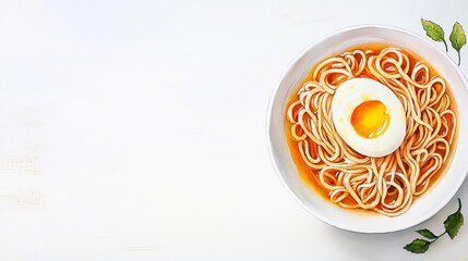 Egg and noodle ramen, watercolor illustration, soft-boiled egg, curly noodles, white backdrop, warm hues, savory broth, inviting food imagery