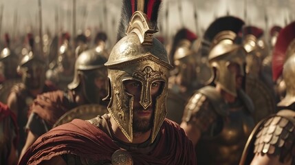 A Spartan warrior, wearing a golden helmet and red cloak, leads soldiers in golden armor with shields. The image captures a dramatic sense of ancient warfare.