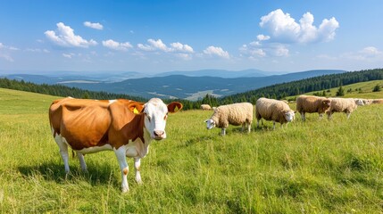Fototapeta premium Cows and sheep graze peacefully on lush grass under a bright sky filled with white clouds, with green mountains gently rising in the background