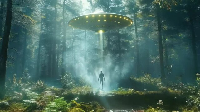 video of A kidnapped man hovers in a beam of light from a UFO, while a frightening alien is illuminated by moonlight in the forest
