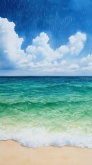 Fototapeta premium A tranquil beach scene featuring clear turquoise water and fluffy clouds under a bright sky, perfect for relaxation and inspiration.