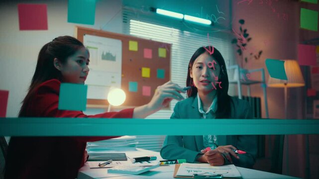 Two businesswomen are having a discussion in their office. They are using a glassboard to brainstorm ideas and develop a strategy for their business