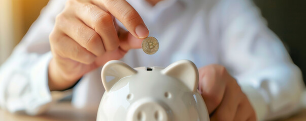 Close-up of hand inserting coin into a piggy bank, representing savings, investment, and financial planning for future goals.