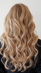 Naklejka premium A portrait of a woman with long, curly blonde hair cascading down her back, creating an elegant and graceful appearance. Her face remains hidden, shifting focus solely on her hair.