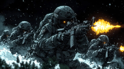 Fototapeta premium Soldiers in camouflage gear firing weapons in a snowy environment.