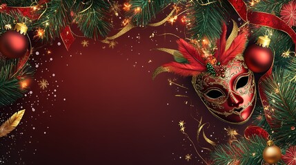 Festive masquerade mask surrounded by Christmas decorations on a red textured background