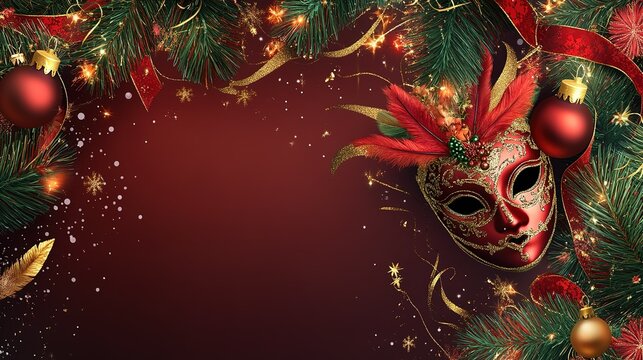 Festive masquerade mask surrounded by Christmas decorations on a red textured background